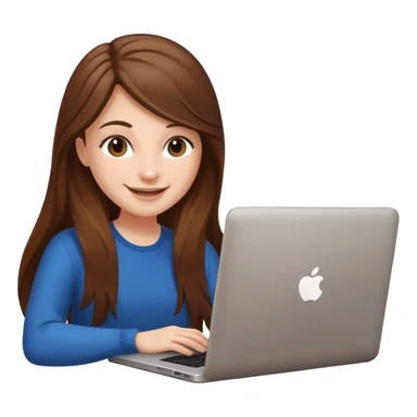 white girl with long brown hair using a laptop, smiling sticker