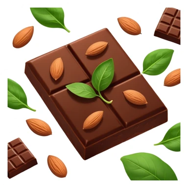Relaxed body silhouette surrounded by floating food: several large, shiny dark chocolate squares prominently featured, along with spinach leaves, almonds, and seeds. Gentle light connecting these foods to muscles and nervous system, creating a calming effect throughout the body. sticker