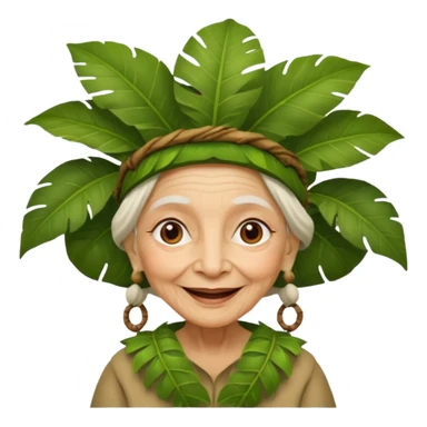 a old woman with jungle wearing a large leaf headgear bye  sticker