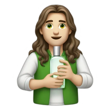 white skin men with long brunette hair and green eyes with a perfum bottle sticker