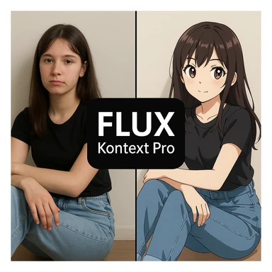create before after image of a girl before is realsitic photo, after is anime version of her in same pose and clothes, add logo with text of a "FLUX Kontext Pro" in middle in big, black background sticker