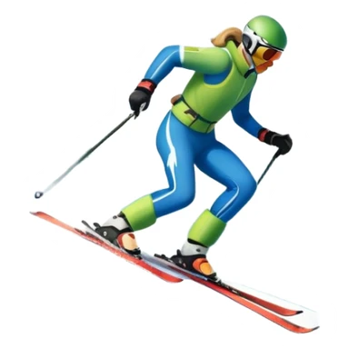An icon featuring snowy peaks, pine trees, and a picturesque mountain landscape with a skier racing down a snow-covered slope. The sky is blue with soft clouds, capturing the thrill and beauty of alpine skiing. Transparent background highlights the excitement and serenity of winter sports. sticker