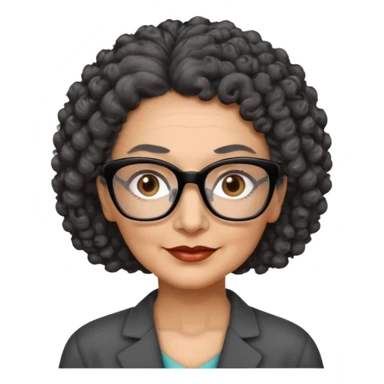 femme 60 ans cheveux gris foncé très bouclé attaché et yeux marrons foncé,  lunettes rectangle noir sticker