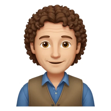 middle aged man, curly brown hair, wearing a vest, gentle smile sticker