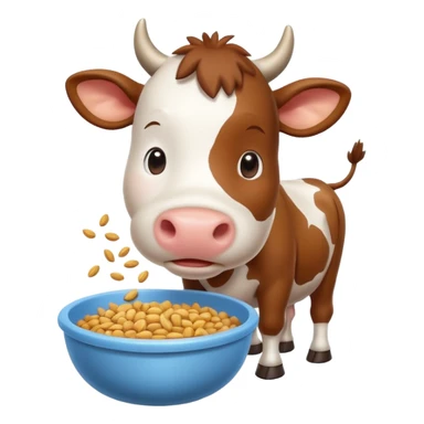 cute cow eating animal feed, hay and grains in a feeding bowl, 3D cartoon, mobile game icon style, clean background, no text, no watermark
 sticker