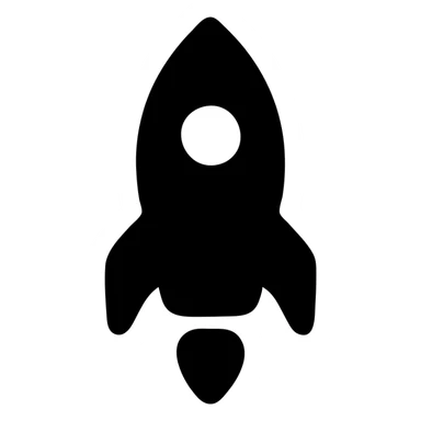 minimalist rocket icon, solid black fill, rounded shapes sticker