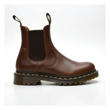 a single Blundstone boot, realistic style, side view, brown leather, elastic side panel, rugged sole sticker