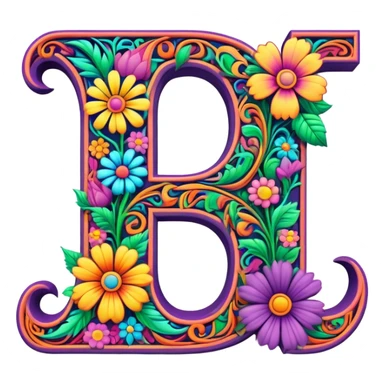 3D, gothic style psychedelic colored capital Letter “J” with hippie style flower border sticker