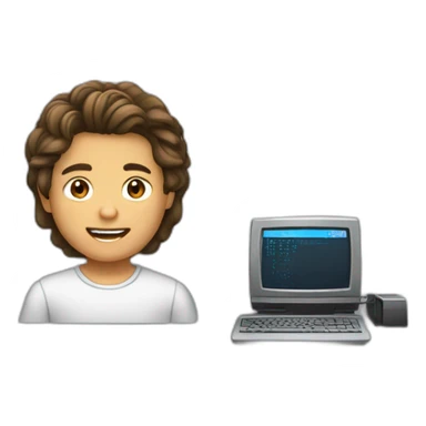 un chico de 13 años pelo castaño, corto, liso, con una computadora sticker