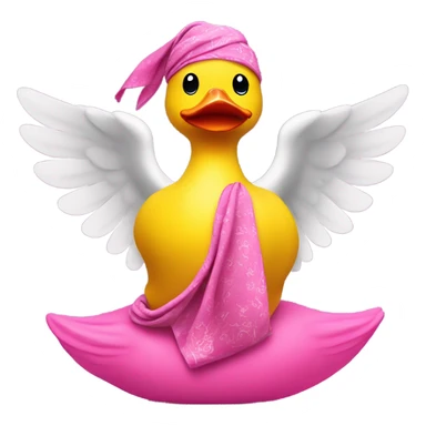 side view of yellow rubber duck with a pink bandana doing yoga, hands together sticker