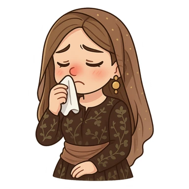 Kurdish cartoon sticker of the same woman in the new dress, sick with a cold, red nose, holding a tissue, sad face, no text, transparent background sticker