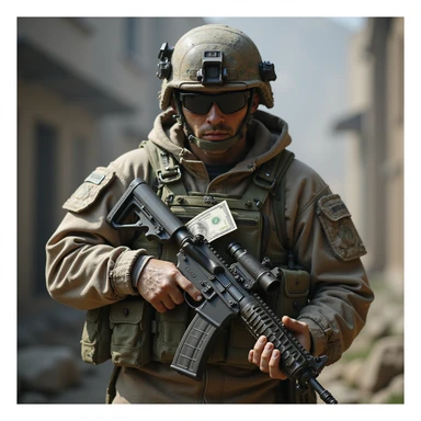 a realistic soldier with cash in hand, detailed, photorealistic style sticker