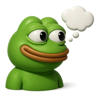 make a pepe in bright green smiling with thought bubble looking at right right in 3d style, good highlights and shadows, drop shadows sticker
