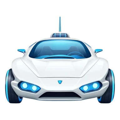 Futuristic retro hover white car with sharp angular design and glowing blue wheels, front view, flat vector style, minimal color palette with subtle blue highlights sticker