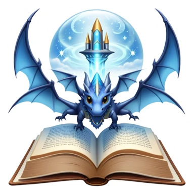 Icon for Fantasy and Sci-Fi Reading: an open book with magical creatures like dragons and fairies flying out, with a futuristic spaceship in the sky and a wizard casting spells. The icon should represent the magic and adventure of fantasy and science fiction worlds. Transparent background. sticker