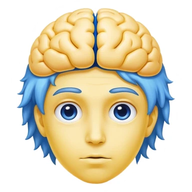A real person face emoji, skin is emoji yellow, and hair is replaced by a blue brain sticker
