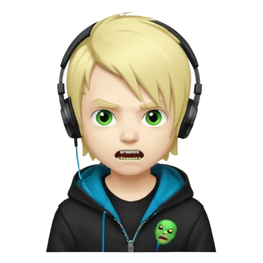 boy vampire whit blonde emo hair and eyes blue and GREEN SKIN and heandphones black AND A MICROFONE AND GOLD TEETH and agesive face and the hoodie black  sticker
