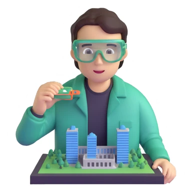 man making a model of a building wearing transparent protective safety glasses sticker