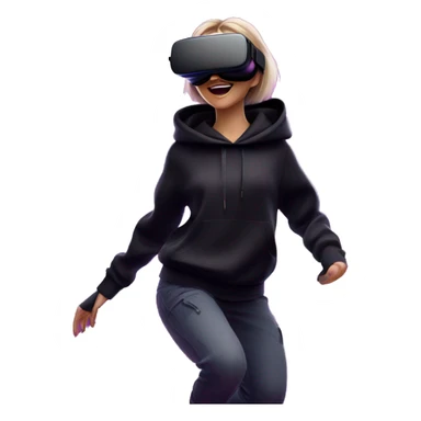 Russian girl wearing black hoody with violet letters "OMG", in vr headset oculus quest2. jumping. Cyberpunk style. Violet neon. sticker