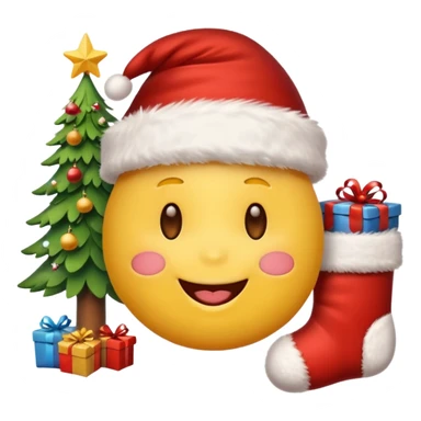 D cute yellow emoji face wearing a Santa hat, with a happy soft expression. Replace the hearts with festive Christmas elements: a Christmas tree, stocking, snowflake, and other holiday icons. sticker
