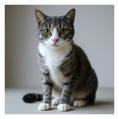 Make the cat skinnier by a little, keep it realistic with lifelike details. The cat should have a white nose and underbelly, gray fur, and maintain a lifelike appearance. sticker