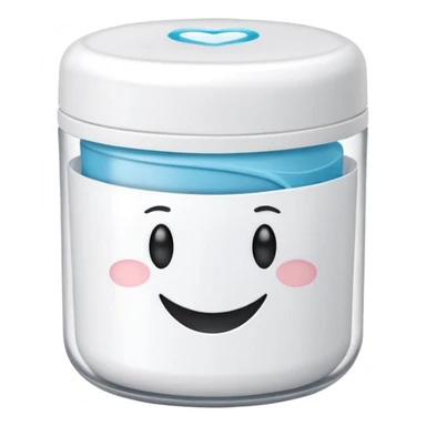 A small round plastic container with the phrase  "dental floss" on it sticker