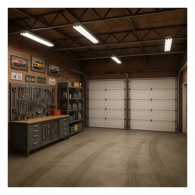garage interior featuring three entrances, workbench, automotive theme sticker