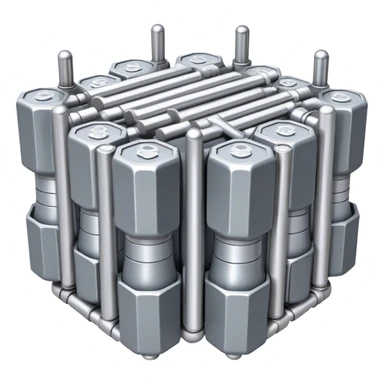 A bundle of uranium fuel rods used in a nuclear reactor, with a metallic structure and cylindrical rods, arranged in a hexagonal grid, futuristic and industrial style sticker