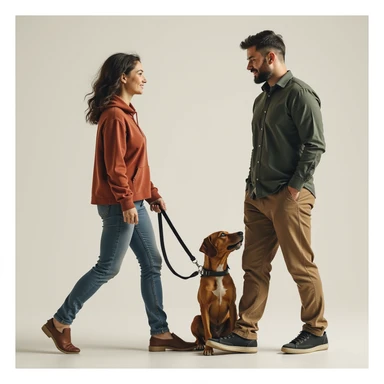 photorealistic scene of a woman leading a man on a leash, both looking relaxed and casual, transparent background sticker