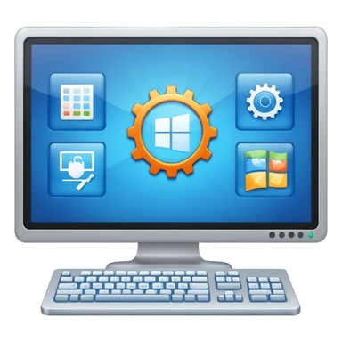 An icon featuring a computer screen with an operating system interface, showing windows, icons, and a taskbar. The design includes code snippets, system settings, and a gear symbol, representing the management and control of computer hardware and software. Transparent background sticker