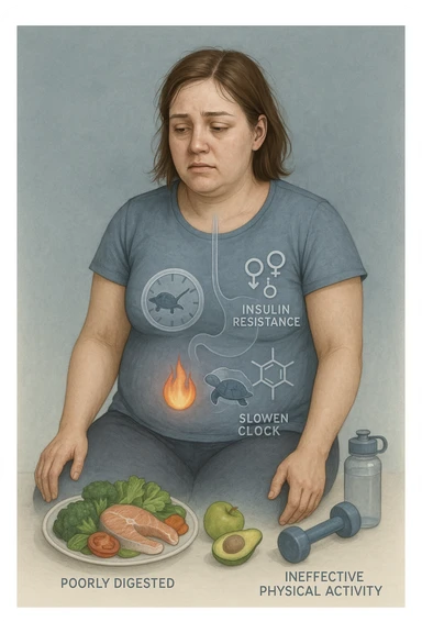 Donna tra i 25 e i 35 anni con fisico leggermente gonfio e postura affaticata, seduta con sguardo stanco. In trasparenza sul suo corpo, si vedono elementi simbolici: una fiamma metabolica molto piccola nel centro dell’addome, una tartaruga accanto a un simbolo di orologio rallentato, indicatori visivi di insulino-resistenza e squilibri ormonali. Intorno a lei: cibo sano non digerito bene, attività fisica poco efficace. Colori spenti attorno al corpo, con toni freddi e lentezza visiva. Stile realistico con elementi infografici e simbolici integrati sticker