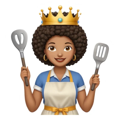 Mujer curvy afro, con vestimenta cómoda y delantal,con una corona sobre su cabeza y sonrisa contagiosa y herramientas  sticker