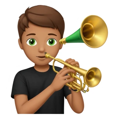 young man with brown hair that goes up, green eyes who plays a trumpet, black t shirt sticker