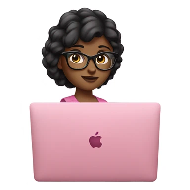 girl with black hair wearing eyeglasses working on a pink macbook laptop sticker