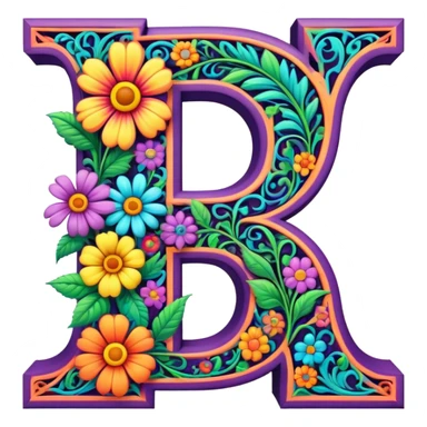 3D, gothic style psychedelic colored Letter D with hippie style flower border sticker