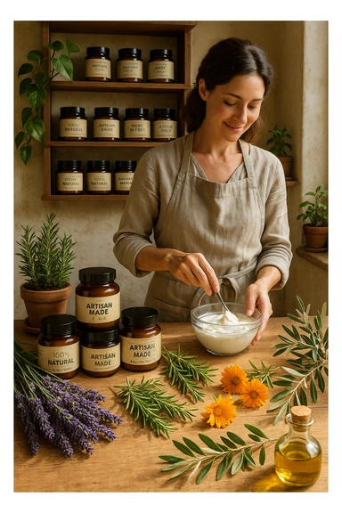 A realistic, high-quality photo of a small artisan skincare laboratory in Italy, with wooden shelves displaying beautifully packaged glass jars of natural creams made with herbal and botanical extracts, olive oil, and essential oils, clearly labeled ‘100% Natural’ and ‘Artisan Made in Italy’. The scene includes a bright, sunlit rustic workspace with plants, fresh lavender, rosemary, calendula flowers, and olive branches on the wooden counter, symbolizing purity and nature. A female artisan in a linen apron is carefully mixing creams in a glass bowl, smiling softly. The environment feels warm, authentic, and eco-friendly, emphasizing the concept of handcrafted skincare without synthetic chemicals in italiano sticker