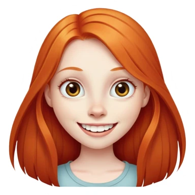 traditional emoji of young girl with very pale skin, long straight bright ginger red hair, very big wide human eyes positioned close together, wide nose, big smile with extremely large prominent teeth showing, classic round face sticker