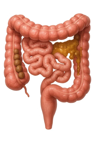 INTESTINO UMANO ANATOMICO REALISTICO CON FECI A PALLINE E FECI LIQUIDE CHE FLUTTUANO DIETRO BEN DISTINTE, IPERREALISTICO 4K sticker