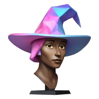 sculpture Mage hat without mannequin. Hat is geometric, faceted design. The hat is standing upright on a base with angular and baroque features. The vibrant midtone tints of pastels and pink highlights the sharp edges and planes. detailed hat sticker