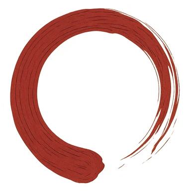 Create a Japanese style enso circle with calligraphic brush strokes. The circle's start is the thickest and the end is thinner and more ragged. Use a rich red color as in the reference image. The inside of the circle is completely empty. The background is transparent. No text or decoration. sticker