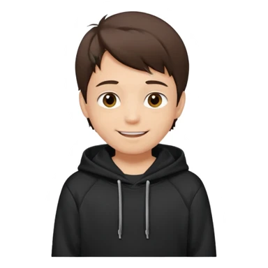 A brunette boy, short straight hair, light brown eyes, with a black sweatshirt with a hoodie, and smile without visible teeth  sticker