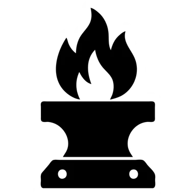 Add metallic elements to the forge engineered industrial flame icon, keep solid filled icon style, bold, minimal, black fill, with no background sticker