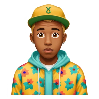 Tyler the Creator with his iconic look, wearing a colorful outfit sticker