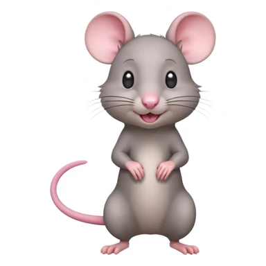 A 3D cartoon rat standing on its hind legs, gray fur, long pink tail, small round ears, curious smile, soft natural lighting, realistic yet cute Memoji-style. sticker