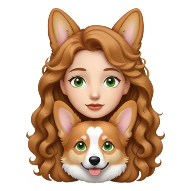 girl with long curly light brown hair light skin green eyes long face and corgi sticker