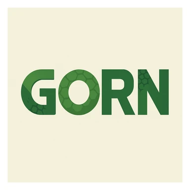 The word 'GORN' in a minimalist, flat design, using simple shapes and a green color palette to suggest a reptilian theme. sticker