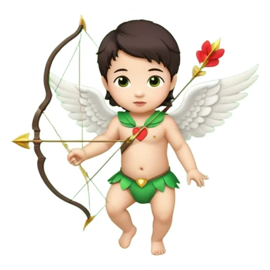 cupid asian baby flying full body with wings with brown eyes and dark hair handled bow and arrow directed to green emoji heart sticker