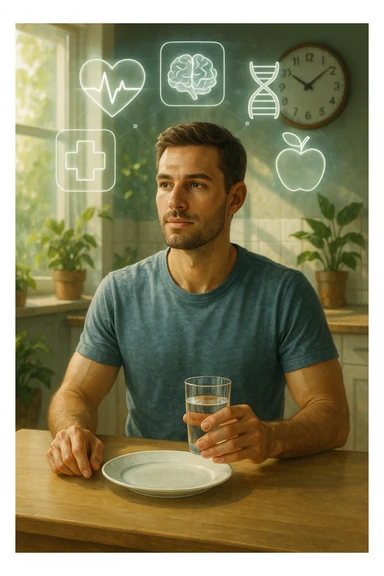 A realistic, cinematic illustration of a healthy, calm man in his early 30s sitting in a bright kitchen in the morning, with an empty plate in front of him and a glass of water in his hand, looking serene and focused. Behind him, the background shows subtle symbols of health: green plants, sunlight streaming in, and a blurred wall clock showing 10:00, symbolizing the fasting window. Above the man, a translucent overlay of medical icons (heart, brain, DNA strand) glows softly, illustrating that intermittent fasting acts as a powerful medicine, not merely a diet. The color palette is fresh and natural, emphasizing health, clarity, and focus. The style is realistic with slight cinematic tones, conveying that the man is using intermittent fasting as a tool for cellular regeneration, inflammation reduction, and health optimization rather than weight loss sticker