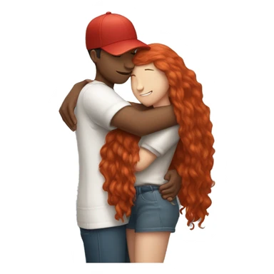 Girl with long red hair hugging tall boy with backwards baseball hat sticker