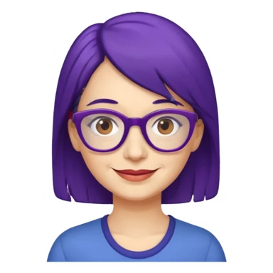 Cartoon 50-year-old youthful woman with purple glasses, brown eyes, and dark blue (not purple) hair to her shoulders. sticker
